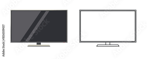 Modern flat screen television display with dark gray screen on a stand in color and black line outline on a white background