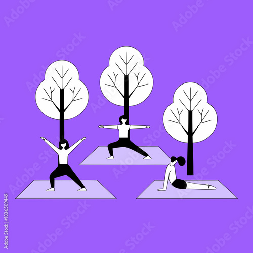 People practicing yoga outdoors under stylized trees