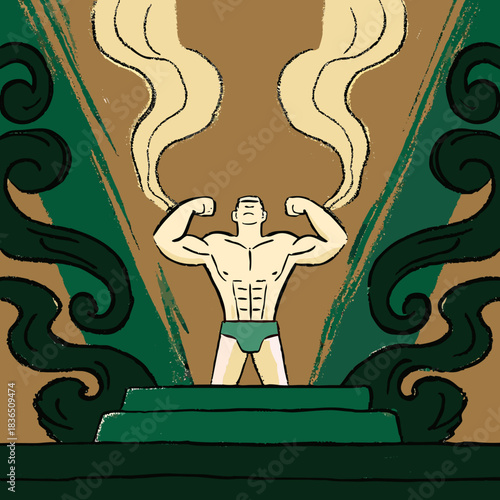 Muscular man flexing biceps with swirling green and brown background