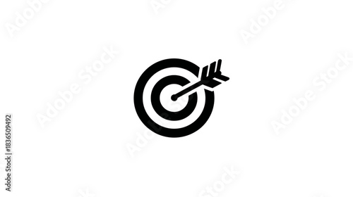 Black target icon with arrow hitting bullseye. Symbolizes business success, goal achievement, accuracy, precision, aim, focus.