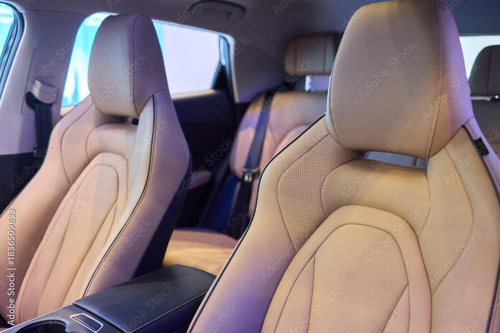 Fototapeta premium Leather seat details, Innovative craftsmanship emphasizes quality, Exquisite artisan work showcasing micro perforations and carefully crafted contours in leather