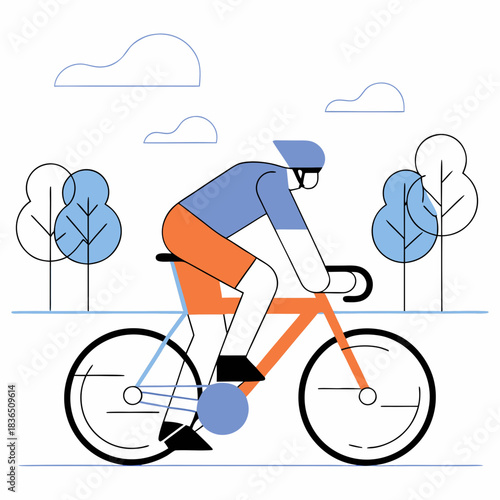Stylized cyclist riding a bicycle through a park landscape
