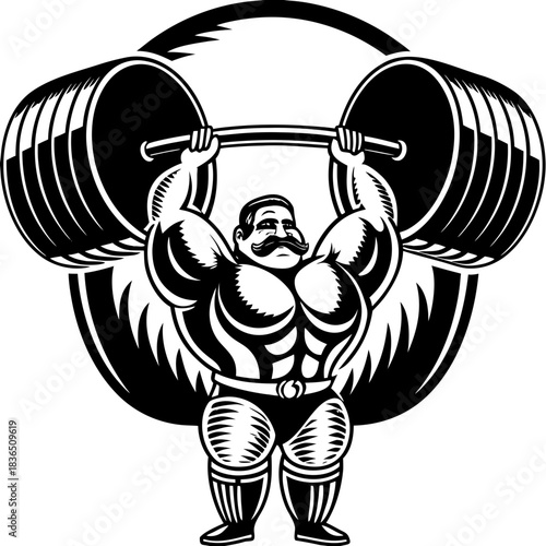 Strongman lifting heavy barbell in circular emblem