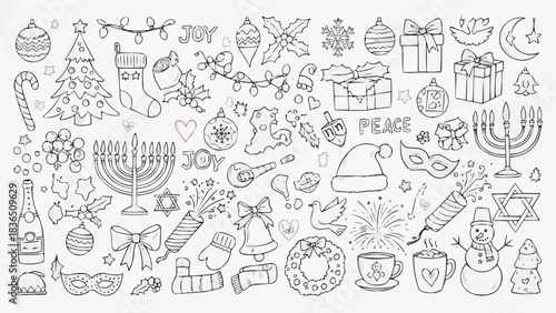 Hand Drawn Winter Holiday Doodles for Christmas and Hanukkah.