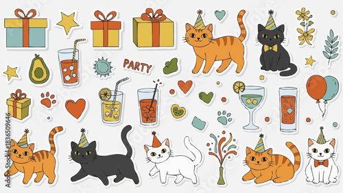 Festive Party with Cats, Gifts, and Drinks Illustration.