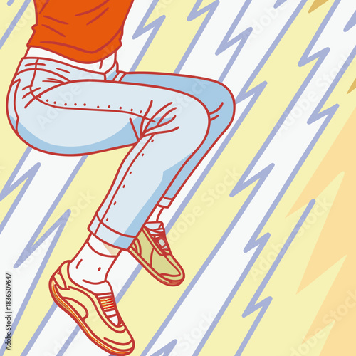 Stylized illustration of a person s legs in jeans and sneakers
