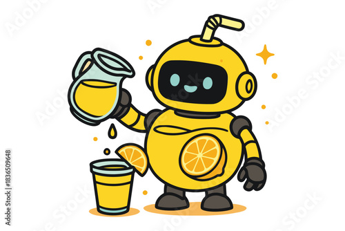 Cute yellow robot pouring fresh orange juice into a glass