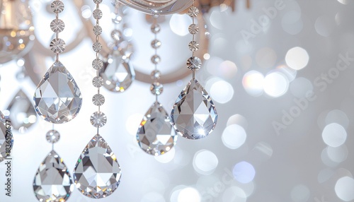 Elegant crystal chandelier prisms sparkling with soft bokeh light