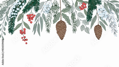 Hand drawn Christmas border illustration of evergreen branches, red berries, and pine cones