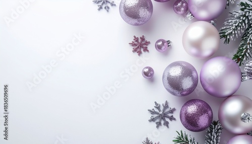 Elegant lilac Christmas ornaments in a festive flat lay view
