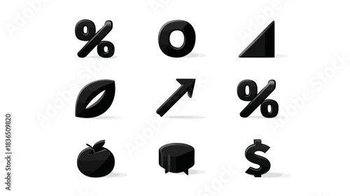Set of glossy black 3D icons and symbols, including financial, data, and growth elements, on white background