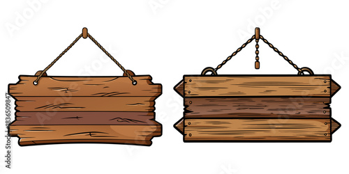 A single, rustic, weathered wooden plank sign, perfectly blank, hanging by a frayed rope. Close-up, focus on the deep wood grain and texture.