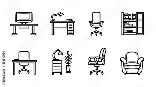 Minimalist line art office furniture icon set for modern workspace, home office, and business interior design.