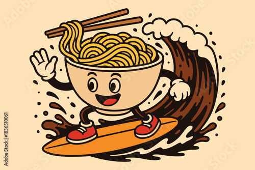 Happy bowl of noodles surfing a giant wave with chopsticks