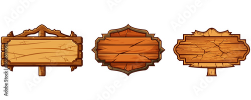 Old-fashioned blank wood sign with cracked texture, antique style, placed on brick wall background.