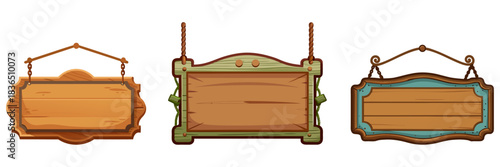 Vintage blank wooden signboard with carved edges, distressed paint, retro countryside style, hanging with rope.