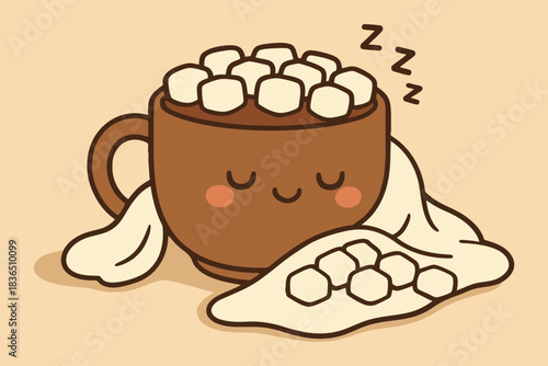 Cute sleeping hot chocolate mug with marshmallows and blanket