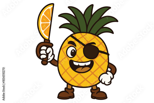 Funny cartoon pineapple pirate with an eye patch and orange slice sword