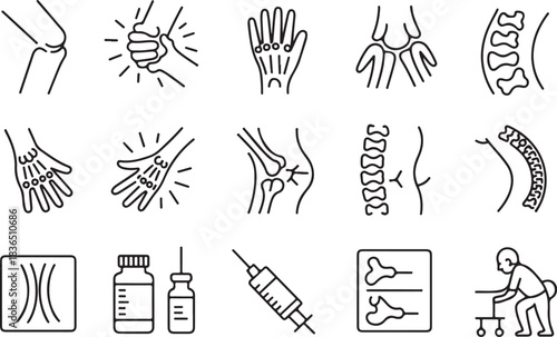 Bones, Joints, and Pain Line Icons Set: Rheumatology, Arthritis, and Orthopedics