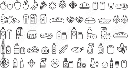 Grocery and Food Item Line Icons Set: Produce, Dairy, Meat, and Supermarket Goods