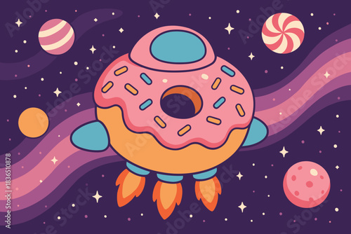 Whimsical donut spaceship soaring through a starry cosmic candy nebula