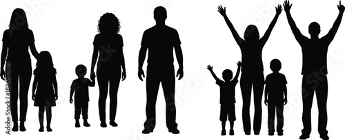 Family silhouettes: Diverse groups of people, parents, and children standing, cheering, and walking together, representing unity, happiness, relationship, and generation concept, isolated vector image