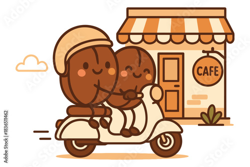 Cute coffee beans riding scooter delivering coffee from cafe