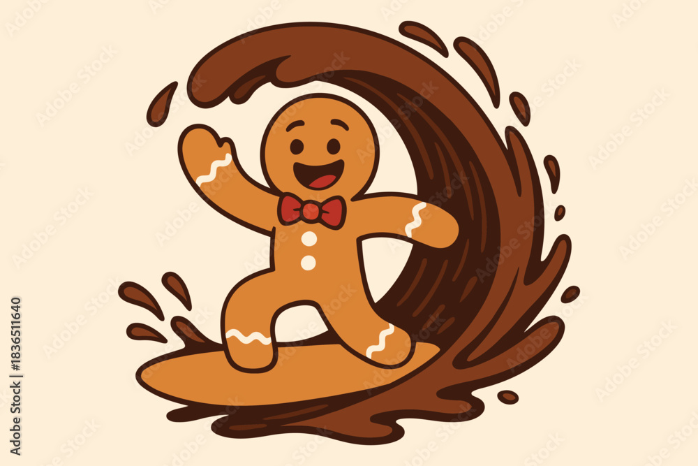 Obraz premium Gingerbread man surfing on a chocolate wave with a big smile