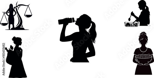 Women silhouette set – lady with justice scales and woman holding bowl of fruits, legal balance icon and kitchen food illustration, simplified Homo sapiens outline vector