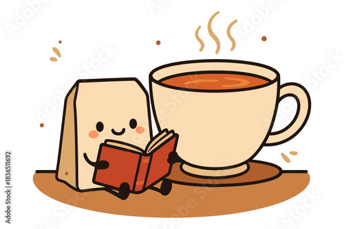 Cute cartoon cheese character happily reading book with hot tea