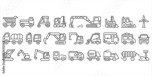 Collection of construction and industrial vehicle line art icons Keywords: construction, industrial, vehicle, truck, excavator