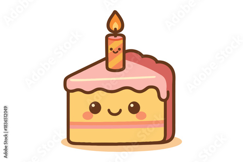 Cute kawaii birthday cake slice with a lit candle and happy face
