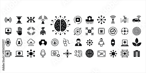Collection of Black and White Icons Representing Technology and Innovation Concepts digital science