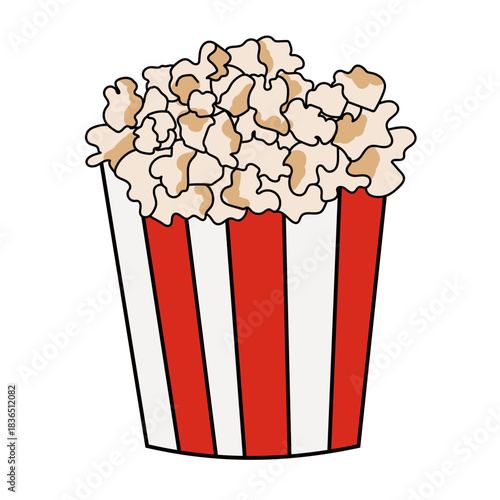 A classic red and white striped popcorn bucket filled with fluffy popcorn, perfect for movie nights and snacks