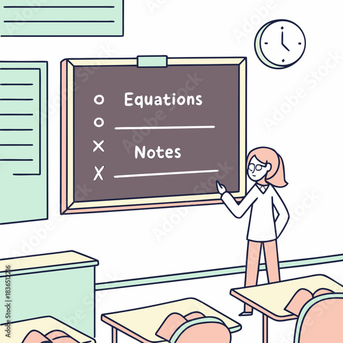 Teacher Explaining Equations and Notes on Blackboard in Classroom.