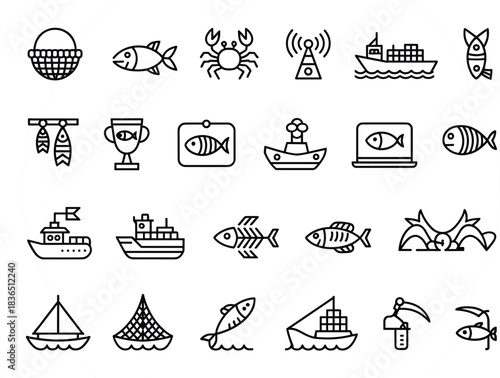 Collection of fishing and marine-themed line art icons Keywords: fishing, marine, sea, ocean, boat, ship, fish, crab, net, basket
