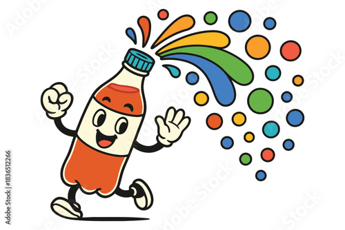 Happy cartoon soda bottle character exploding with colorful bubbles and liquid