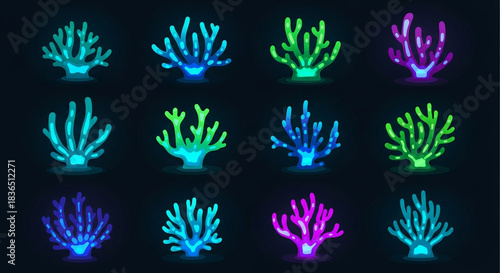 Fototapeta Naklejka Na Ścianę i Meble -  Stunning collection of glowing neon coral reef elements perfect for vibrant underwater game design assets