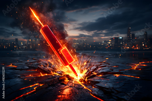 Glowing red candlestick crashing into cracked ground with lava sparks symbolizing market crash risk volatility and dramatic financial loss concept
