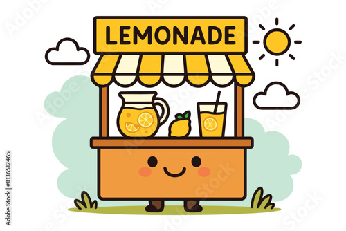 Cute kawaii lemonade stand with pitcher and glass on sunny day