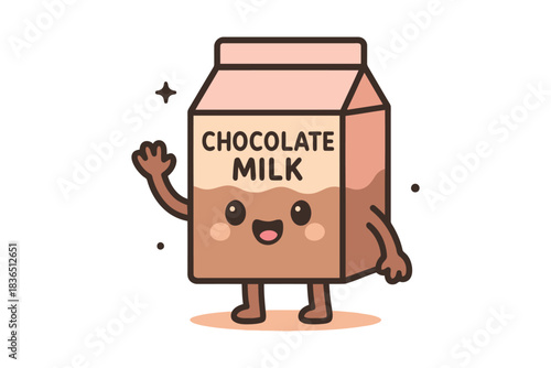 Cute cartoon chocolate milk carton character waving hello with happy face