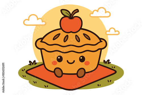 Cute kawaii apple pie character sitting on picnic blanket outdoors