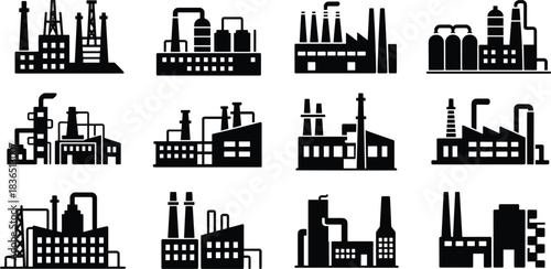 Set of black industrial factory building silhouettes with chimneys and pipes industry