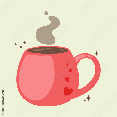 cute pink coffee cup with tiny hearts and warm steam rising above. Soft colors and simple shapes, cozy, charming look. Perfect for designs  comfort, love, warm drinks, and sweet everyday moments