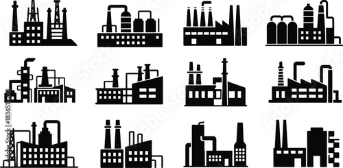 Set of black industrial factory building silhouettes with chimneys and pipes industry