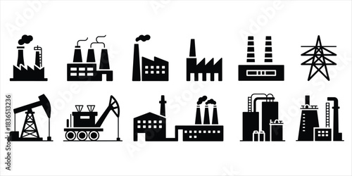 Set Of Industrial Factory And Power Line Icons In Black Silhouette With White Background Keywords: factory, industrial, industry