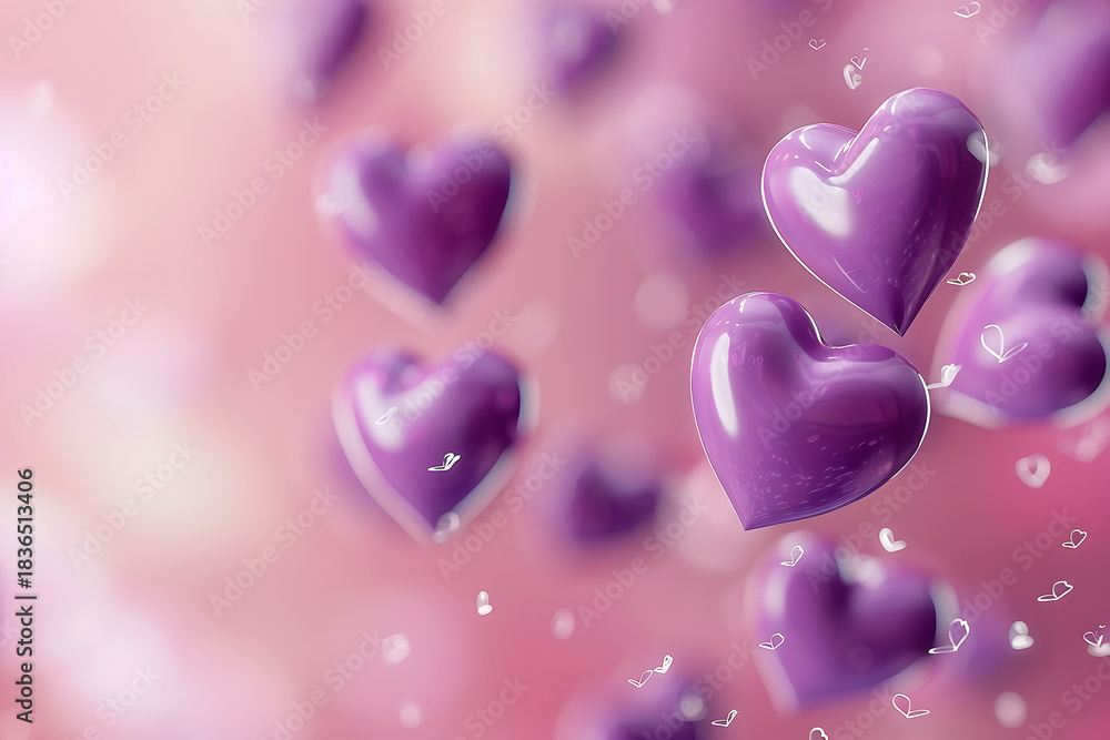 Obraz premium Purple Heart Shapes Floating Against a Soft Pink Background with Bokeh hearts love