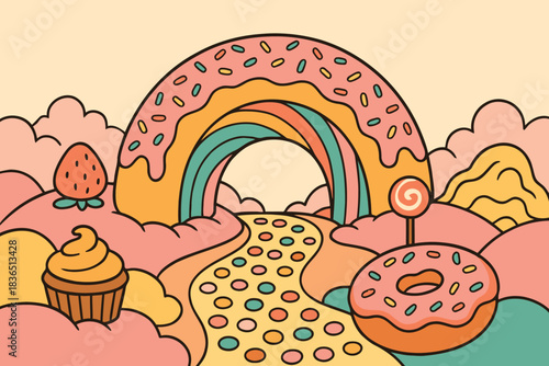 Whimsical candy land rainbow archway with sweets and clouds