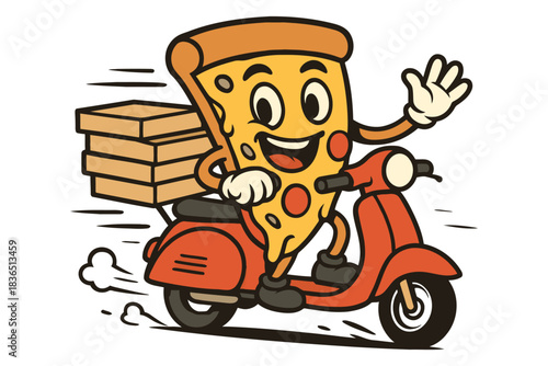 Happy pizza slice character riding a scooter delivering pizza boxes