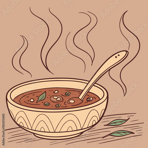 Bowl of Hot Soup with Spoon and Bay Leaves Illustration.